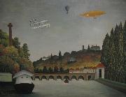 Henri Rousseau View of the Pont Sevres and the Hills of Clamart, Saint-Cloud, and Bellevue with Biplane, Ballon and Dirigible By Henri Rousseau oil on canvas